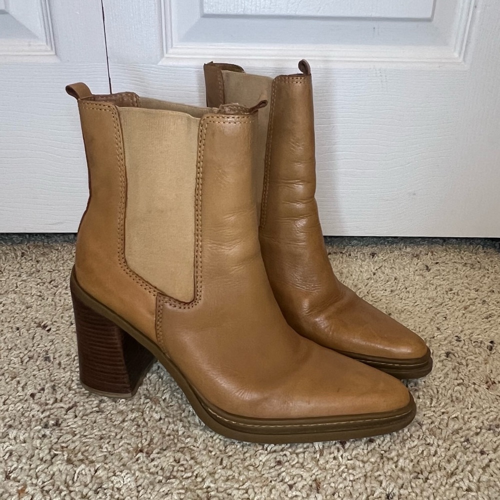 Mia 4” Chunky Heel Tan Pointed Toe Leather Boots 8M